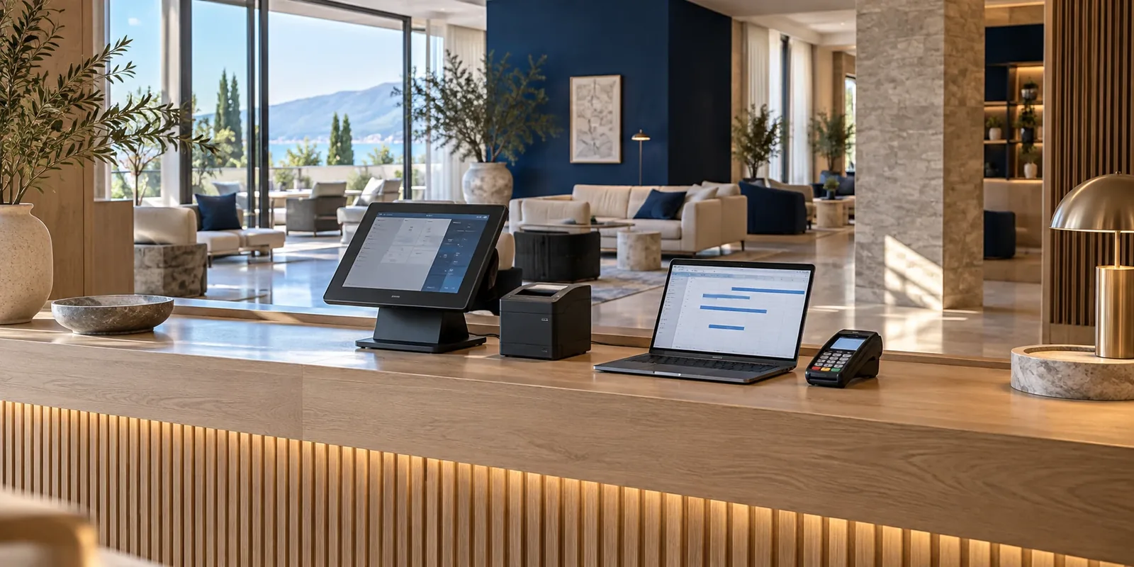 Reception senza persone con gestionale, terminale touch e strumenti per l’accoglienza
